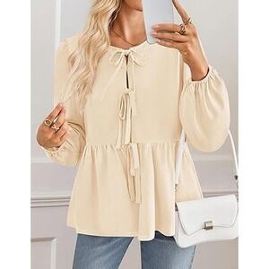 Peplum Blouse Tie Neck Long‎ Sleeve Flowy Top Casual Cream Size SMALL